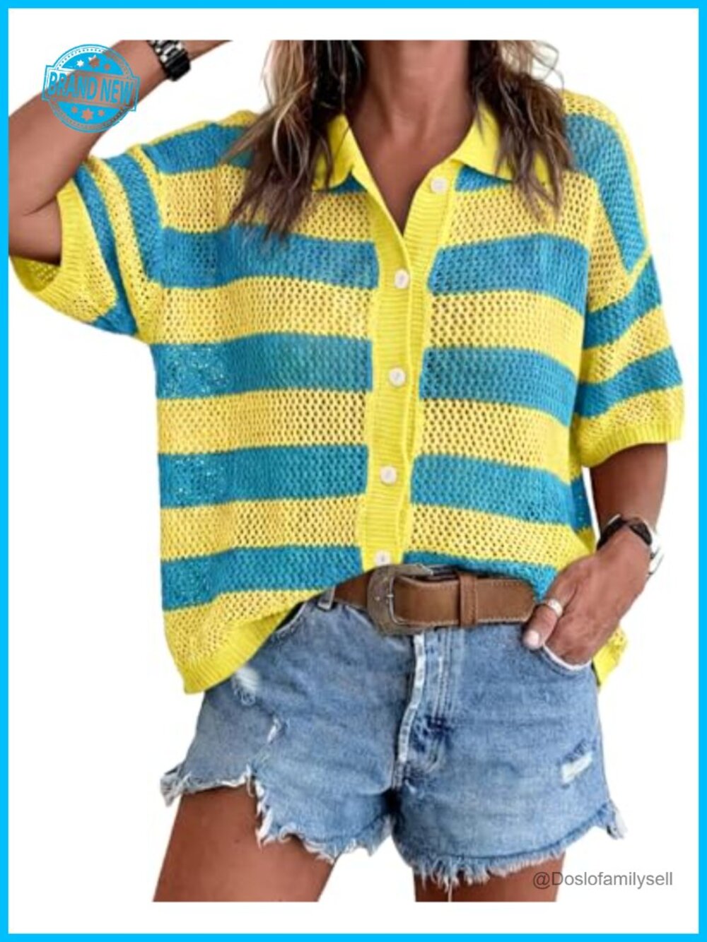 Womens Crochet Cardigan Striped Button Down Batwing Sleeve Lightweight Knit Top